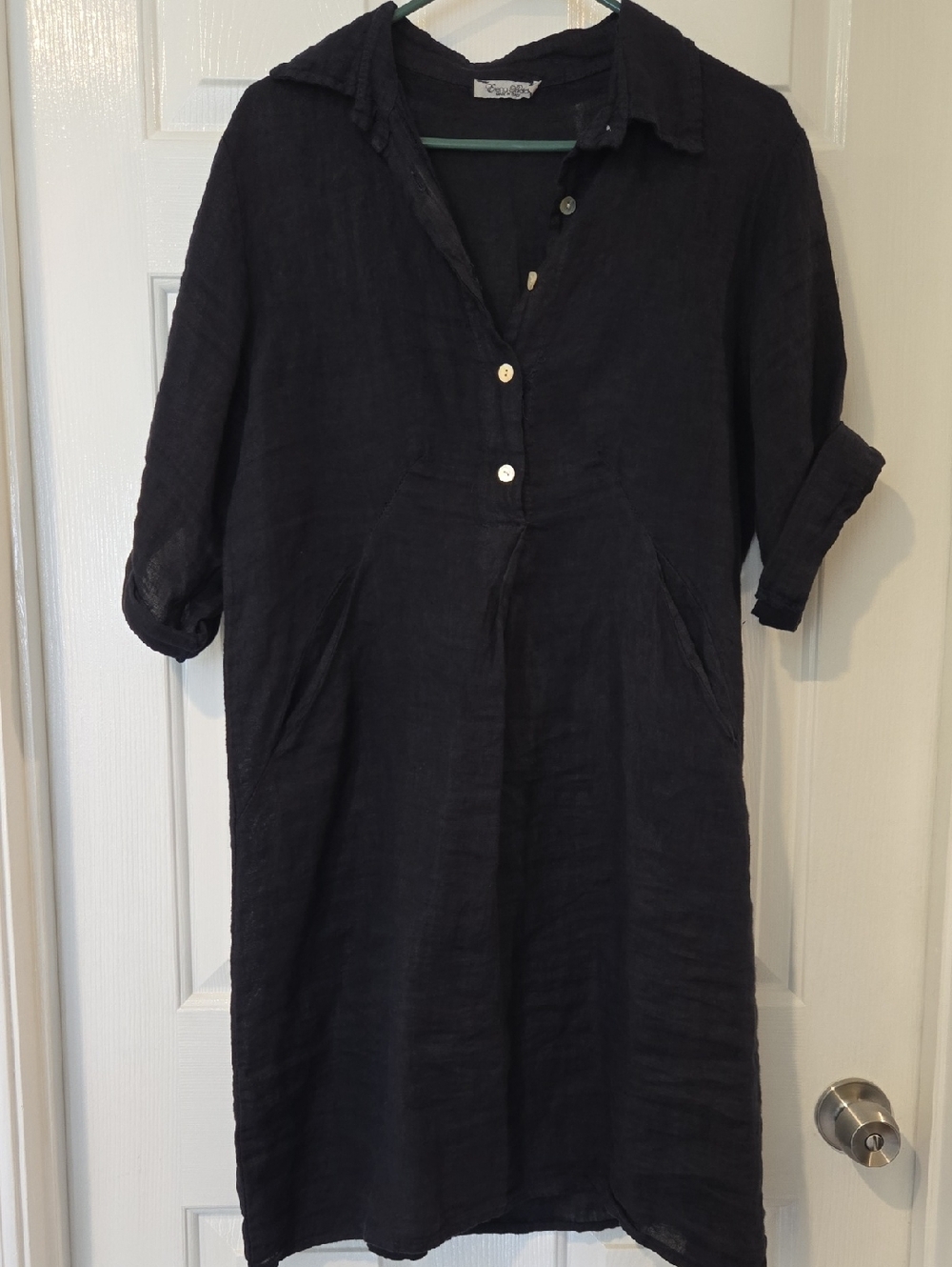 Linen Relaxed Button-Front Women’s Dress in Navy